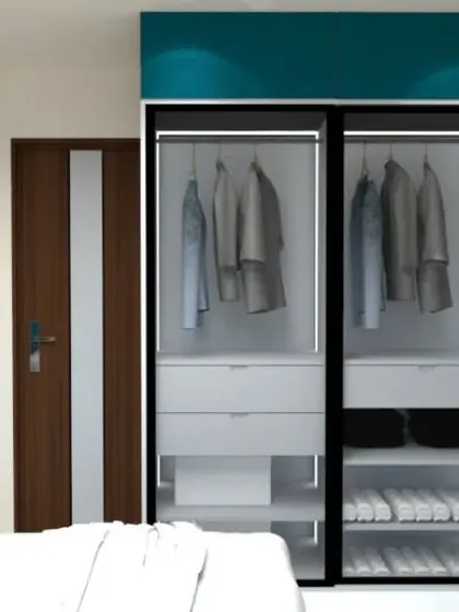 A 3D render of a kids' room with a glass-door wardrobe and a wall-mounted TV.