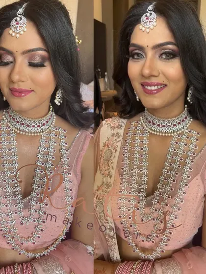 A beautiful before-and-after style image showing the client with eyes open and closed. This highlights the dramatic purple and silver glitter eyeshadow, paired with a soft pink lip and sparkling diamond jewellery.