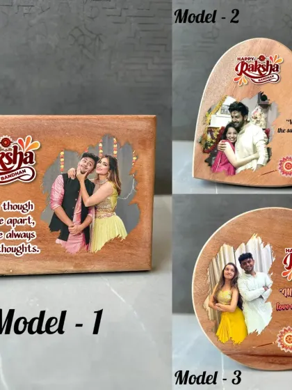 Personalized wooden photo plaques for Raksha Bandhan. These come in square, heart, and circle shapes and are printed with a photo and a heartfelt message.
