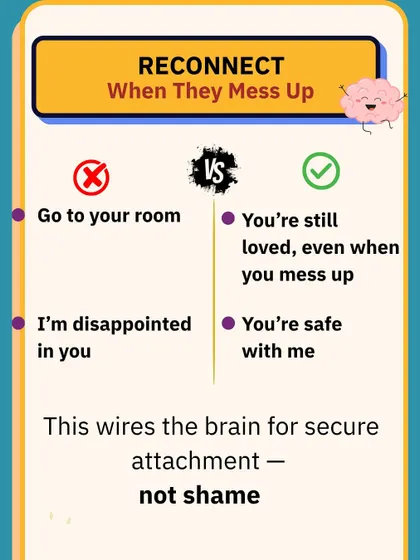 Reconnect when they mess up. Saying "You're still loved" instead of "I'm disappointed" wires the brain for secure attachment, not shame.