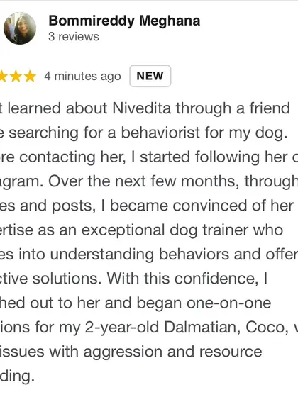 The start of a wonderful review from Coco's owner, Meghana, who found me on Instagram and gained the confidence to start one-on-one online sessions for Coco's aggression.