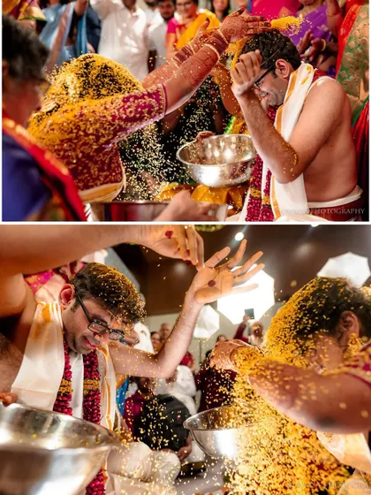 A collage of the 'Talambralu' ritual, capturing the fun and messy joy as the couple showers each other with sacred rice.