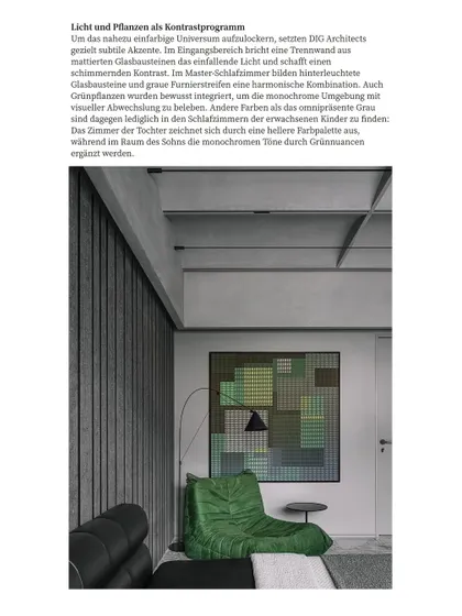 An excerpt from the Baunetz ID article discussing the use of light and plants.