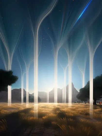 The ethereal light trees of the Meadows Plaza, designed to create a serene and magical atmosphere within the bustling virtual world.
