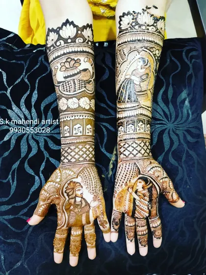 A classic bridal design with portraits of the couple on the palms. The arms feature a doli scene and other traditional wedding motifs.