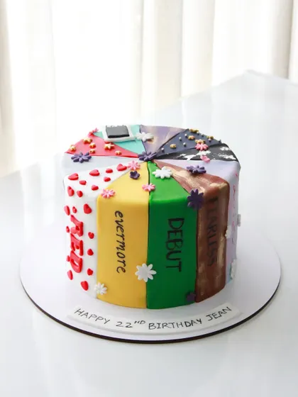 For the ultimate Swiftie, I created a cake that celebrates every iconic Taylor Swift era. Each segment of the cake represents a different album, from the bold colors of "Lover" and "Red" to the moody aesthetic of "Reputation" and "Folklore," all handcrafted with edible details.