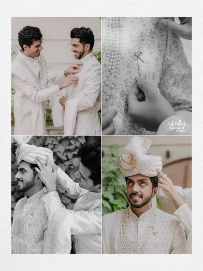 A collage of the groom, Sanjay, getting ready with the help of his best man, capturing moments of friendship and anticipation.