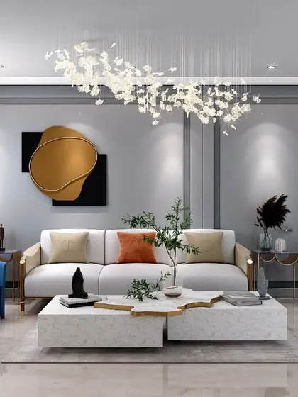 Another angle of the elegant living space, showing the open shelving unit and curated decor. The design uses a mix of materials, including wood, metal, and marble, to create a rich and layered interior.