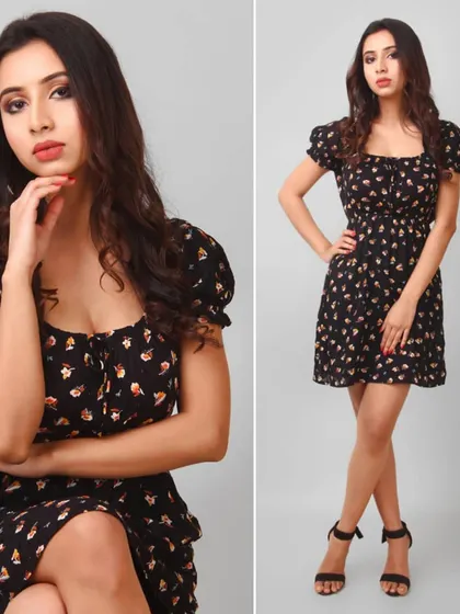 This image set features a model in a short, black floral dress with puff sleeves. It combines a seated portrait with a full-length standing pose, offering a complete look for a fashion portfolio or catalogue.