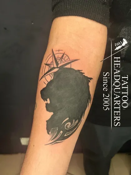 A silhouette of a lion's head against a compass, representing guidance, strength, and leadership.