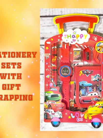 A close-up of the Cars-themed stationery set, which includes a watch, wallet, pencils, and more, all in a fun trolley case.