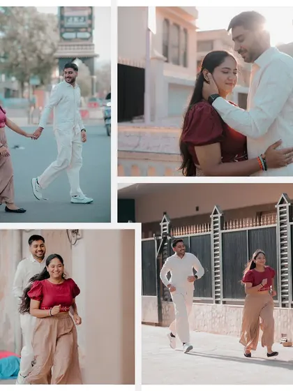 A series of fun, candid shots showing a couple running and laughing together through the streets, capturing their joyful and energetic connection.