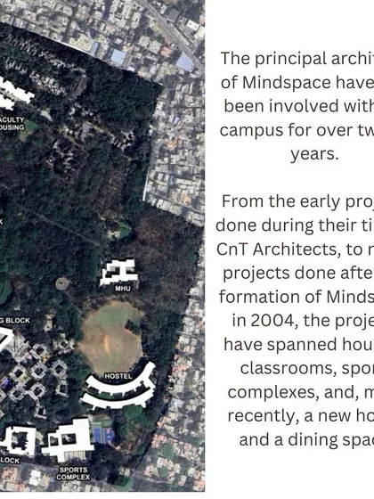An aerial map showing our projects at IIM-B over twenty years, spanning housing, classrooms, sports complexes, and more.