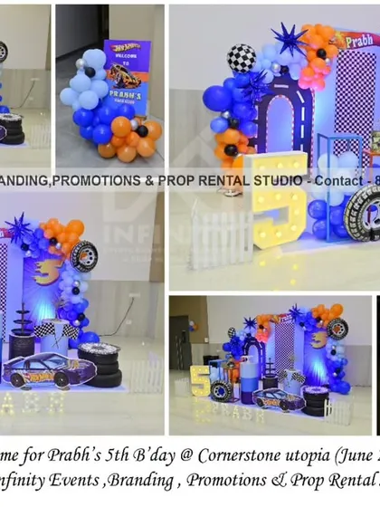 Start your engines! Prabh's 5th birthday was a blazing Hot Wheels theme party at Cornerstone Utopia. The decor features custom backdrops with track designs, car and wheel props, and a vibrant blue and orange balloon arrangement.