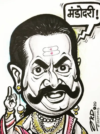 I drew this caricature of Arvind Trivedi as Ravan on the day his character's journey ended in the Ramayan television series. The Hindi dialogue bubble adds a dramatic touch to the iconic character.