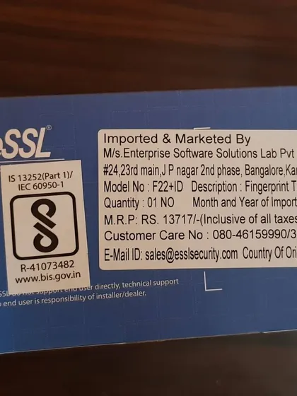 The product details for the eSSL F22+ID fingerprint system, a model I frequently install.