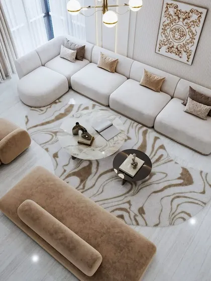 A different angle of the 3D render, focusing on the arrangement of the curved sofas and the overall chic and inviting ambiance.