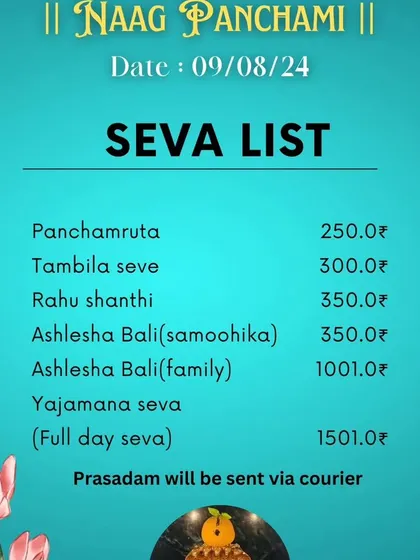 The seva list for a Naag Panchami celebration, detailing the different types of offerings devotees can make.