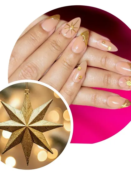 For a more subtle festive look, these nude extensions with gold tips and star accents are perfect. Elegant and celestial.