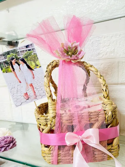 Another view of the sisterhood hamper, showing the pretty pink net and floral decorations.