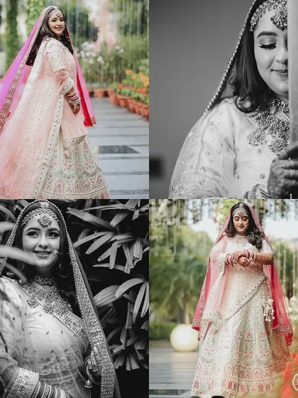 A collage of bridal portraits, showcasing different poses, expressions, and styles from color to black and white.
