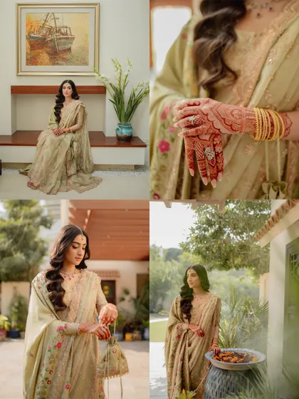 A collection of bridal portraits and details from an engagement day. This collage highlights the bride's stunning attire, the intricate henna design on her hands, and her graceful presence, telling the story of her preparation and beauty.