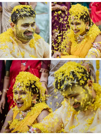 A collage of the couple being showered with yellow flower petals during their Haldi. Their laughing faces show the pure joy of the moment.