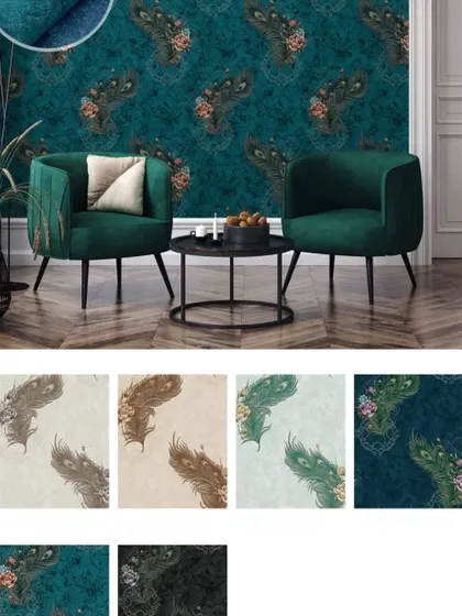 A catalog page showing six color options for a repeating peacock feather wallpaper.