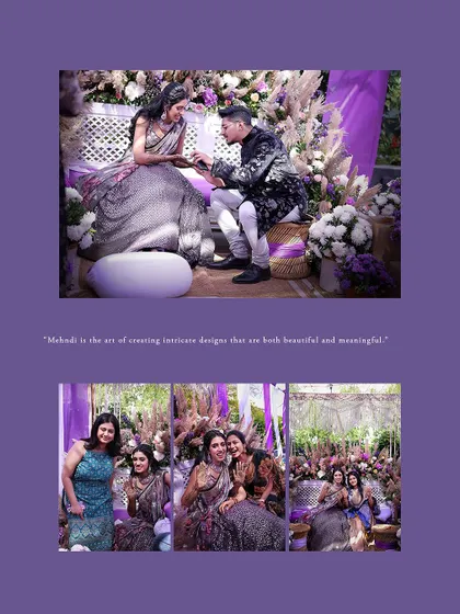 A collage showing the bride getting her mehendi done and posing with her loved ones.