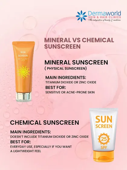 Confused between mineral and chemical sunscreens? Mineral sunscreens with zinc oxide or titanium dioxide sit on the skin and are great for sensitive types. Chemical sunscreens are absorbed and feel lightweight, making them ideal for daily use.