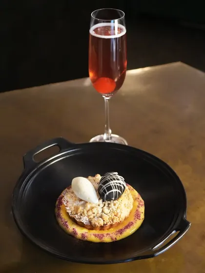 Our Valentine's Day special dessert: a Mahabaleshwar Strawberry Mawa Cake with Champagne Ice Cream.