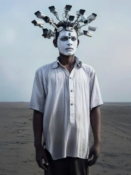 A man with a crown of CCTV cameras stands in a wasteland. A symbolic portrait about surveillance, power, and isolation.