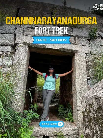 A trekker exploring an ancient gateway at Channarayanadurga Fort. Every corner of this fort has a story to tell.