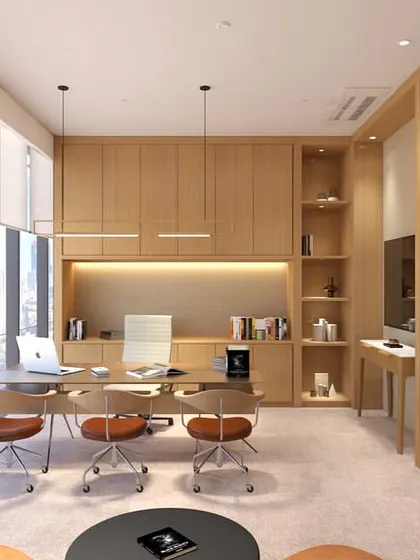 This rendering of a private office combines natural wood cabinetry with modern furniture. The space is designed to be both functional and inspiring, with large windows providing abundant daylight and expansive views.