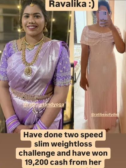 Another look at Ravalika's incredible 21 kg transformation. She won Rs 19,200 in cash prizes over two challenges, proving consistency pays off.