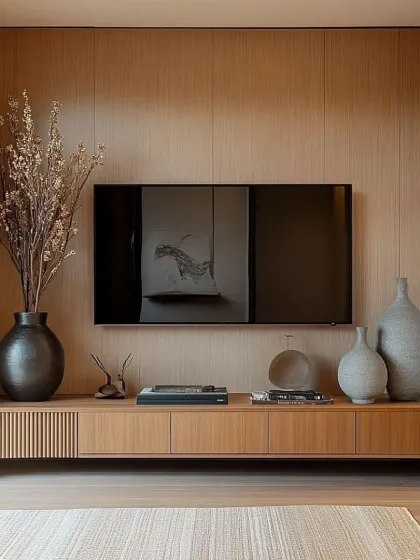This TV unit design embraces natural warmth with its all-wood construction. The clean lines of the floating console are complemented by simple, rustic pottery and dried botanicals, creating a calm and organic feel.