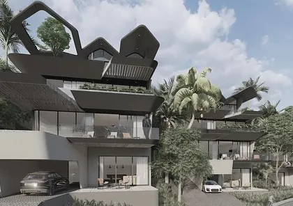 Inspired by a sloping mountain site overlooking the sea, our Dona Paula Masterplan features a string of tropical roofs that twist and fly out of the terrain. The shifting volumes and cantilevered pools create a dynamic form that feels both modern and rooted in the landscape.