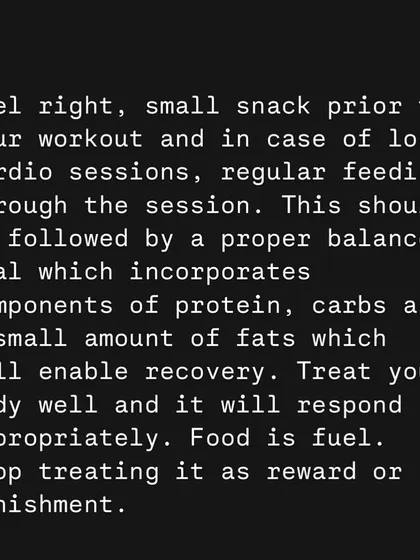 Food is fuel, not a reward or punishment. This post outlines the basics of proper fueling: a small pre-workout snack, regular feeding during long sessions, and a balanced post-workout meal with protein, carbs, and fats for recovery.