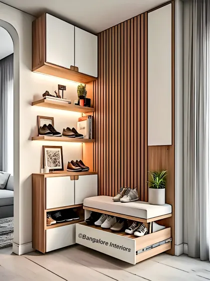 A compact and stylish shoe rack with a seating bench and a pull-out drawer for extra storage. The design combines white and wood tones with vertical slats for a modern look.