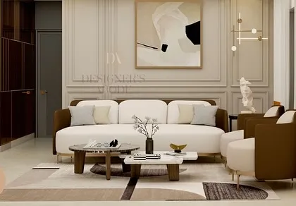 Another angle of the living room render, focusing on the comfortable sofa arrangement and abstract art. The design balances neutral tones with pops of color from the furniture, creating a warm and inviting atmosphere.