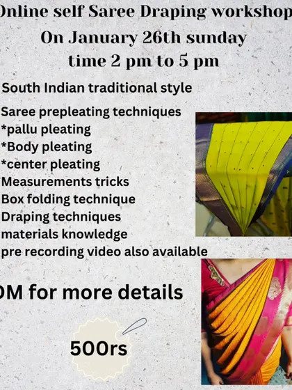 A flyer for an online self-saree draping workshop, perfect for beginners who want to learn to drape on their own.