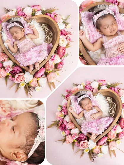 A beautiful collage showcasing a baby girl in a heart-shaped bowl surrounded by pink flowers. This setup is all about celebrating sweetness and love with a classic, feminine touch.