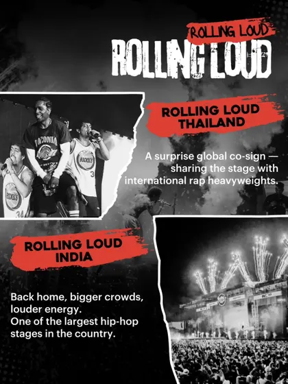 From Rolling Loud Thailand to Rolling Loud India, this visual charts Hanumankind's journey on the world's biggest hip-hop festival stages.