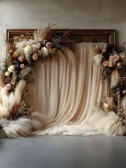 A dreamy boho backdrop using flowing fabric and arrangements of pampas grass and dried flowers. This is ideal for creating a soft, romantic atmosphere for a baby shower or ring ceremony.