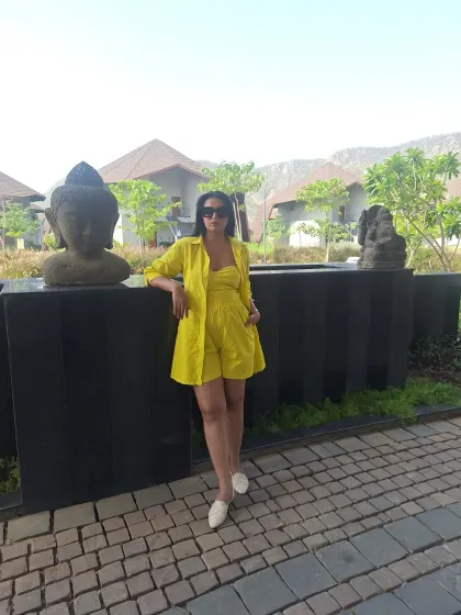 Sunshine wherever I go. This bright yellow co-ord set with shorts and a matching shirt is perfect for a sunny day or a vacation.