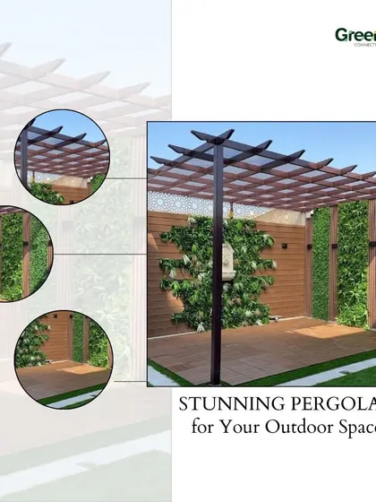 An example of a stunning pergola for your outdoor space. This design features a dark frame with wooden slats and is complemented by vertical green walls, creating a modern and natural look.