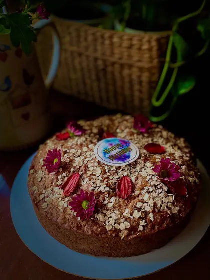 Another view of the lovely apple and strawberry cake, showing the topping of oats and fresh fruit pieces. It’s rustic, wholesome, and so tasty.