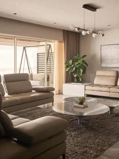 Natural light softens the formal living room, highlighting the textures of the shag rug and the smooth leather. A large fiddle-leaf fig plant adds a touch of nature to the sophisticated space.