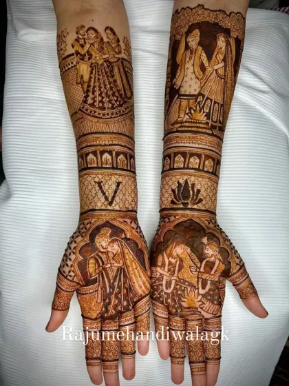This design is a masterpiece of storytelling, with multiple scenes from the wedding day depicted on the arms and palms, including family portraits and key rituals.