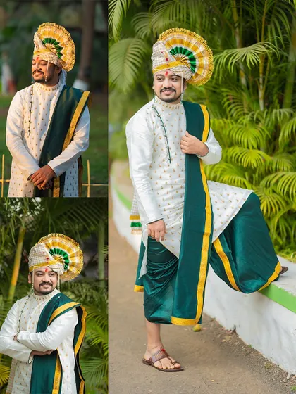 A collage of the groom's portraits, showcasing his magnificent, colorful pheta and traditional Maharashtrian attire.